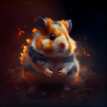 Hamster in the fire on a dark background. 3d renderingの素材