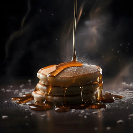 Pancakes falling into water with splashes on a black backgroundの素材