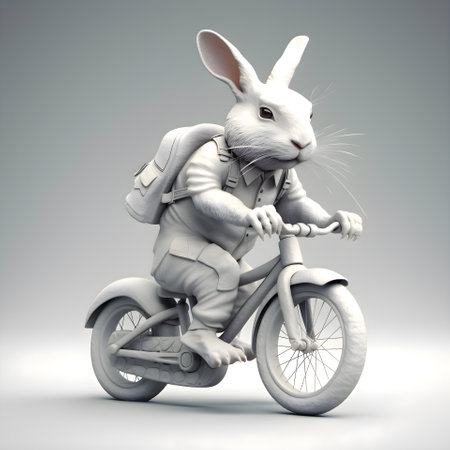 Rabbit riding a bike on a gray background. 3d renderingの素材