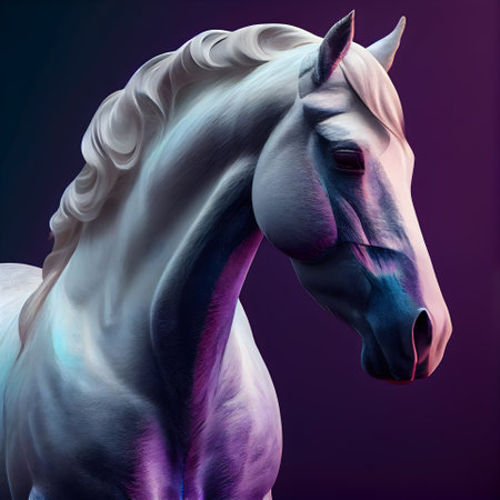 White horse portrait on a purple background. Digital painting. 3d renderingの素材