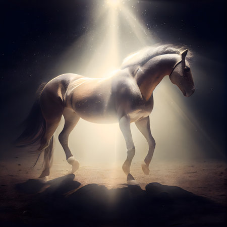 Horse in the rays of light on a dark background. Photo in retro styleの素材