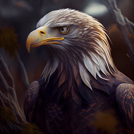 Portrait of an eagle sitting on a branch of a tree.の素材