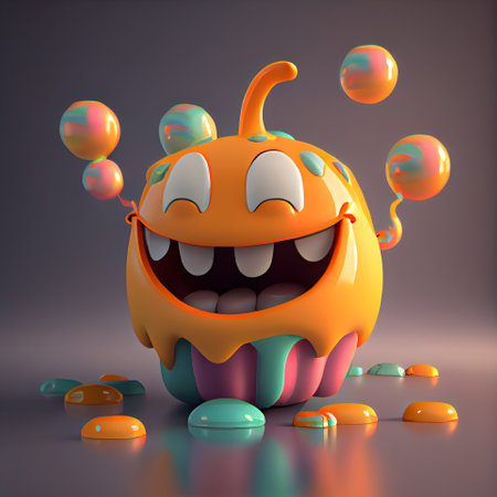Funny Halloween monster with balloons. 3d render illustration on dark backgroundの素材