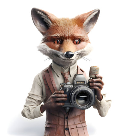 cute fox with a camera and money isolated on a white backgroundの素材