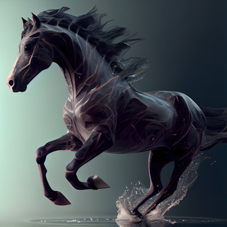 Black horse with black mane running in water. 3D renderingの素材
