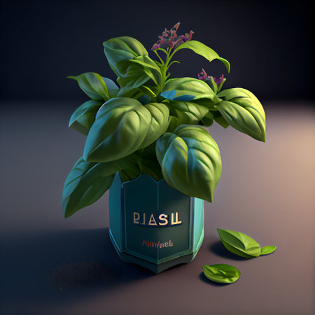 Basil plant in glass jar on dark background. illustration.の素材