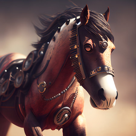 3d rendering of a horse with a helmet in the background.の素材