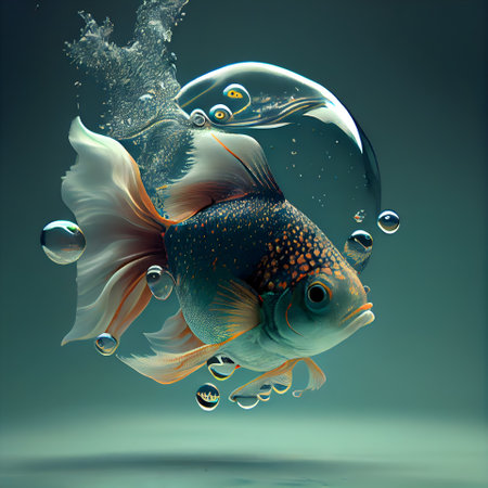 Underwater world. Fish and bubbles. 3D illustration. 3D CG. High resolution.の素材