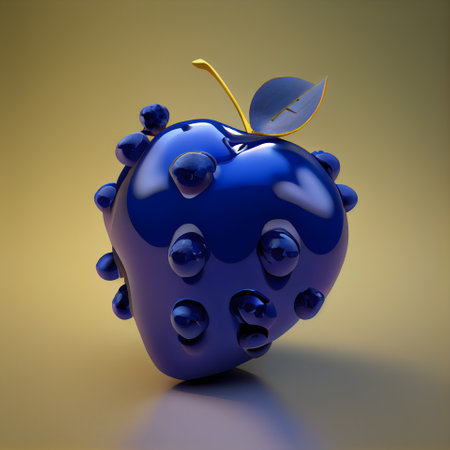 Blue apple with drops of water on a yellow background. 3d illustrationの素材