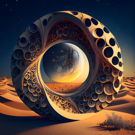 3d illustration of abstract geometric composition with planet in the desert.の素材