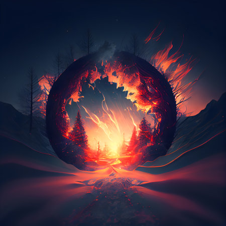 Fantasy landscape with a planet of fire in the forest. illustration.の素材