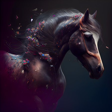 Fantasy portrait of a black horse with colorful splashes on a black backgroundの素材