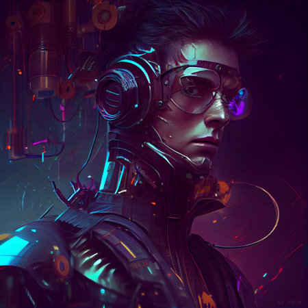 3d rendering of a male cyborg robot in cyber space.の素材
