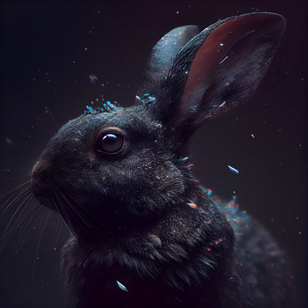 black rabbit with drops of water on a black background; studio shotの素材