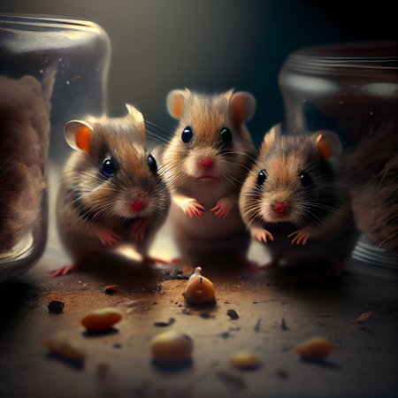 Three little hamsters in a glass jar on a dark background.の素材