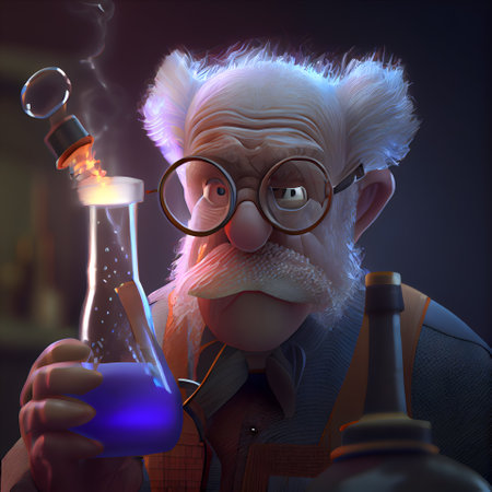 Old scientist with a flask in his hand. 3D illustration.の素材