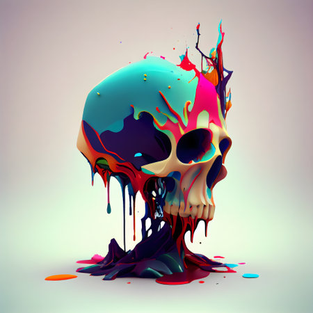 Skull with colorful paint splashes on white background. 3d illustrationの素材