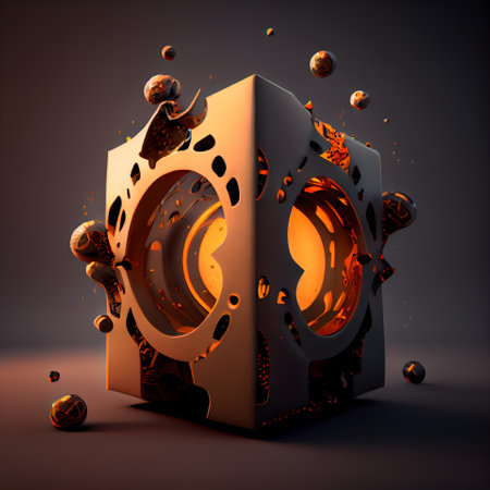 Abstract 3d illustration of black cube with orange parts on dark backgroundの素材