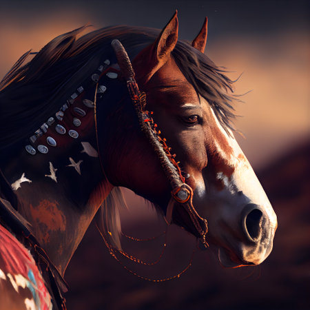Horse portrait with indian headdress. Portrait of a horse.の素材