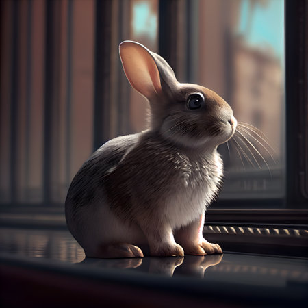 Cute little rabbit sitting on the windowsill. Easter concept.の素材