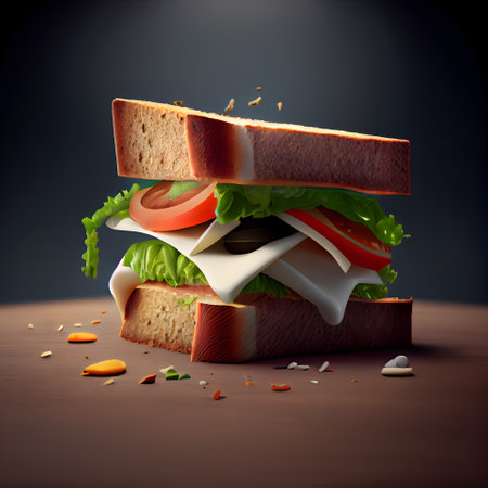 Sandwich with cheese; lettuce; tomato and onion on wooden tableの素材