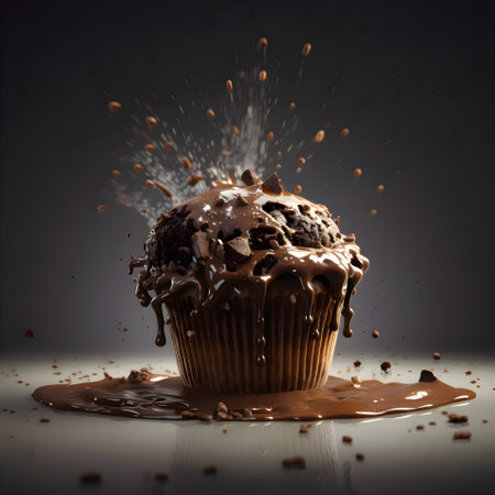 Chocolate muffin with splashes of chocolate on a black backgroundの素材