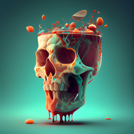 3D illustration of a skull with blood splashes on a green backgroundの素材