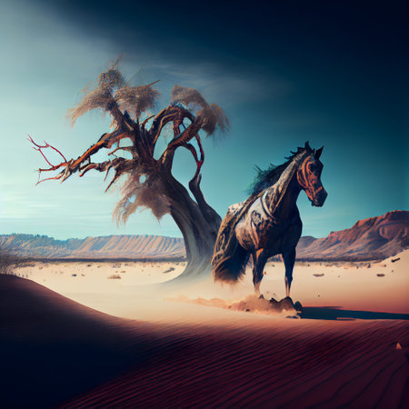 Horse in the desert with a tree in the sand. 3d renderingの素材