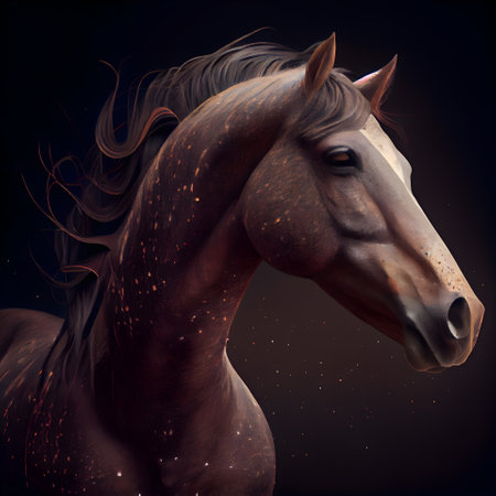 Horse portrait in black background. Digital art painting. 3D renderingの素材