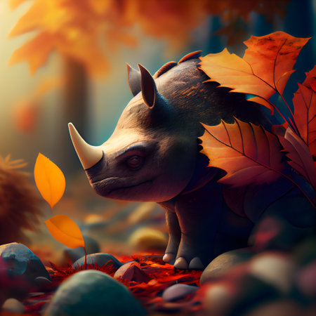 3d rendering of a rhinoceros on a background of autumn leavesの素材