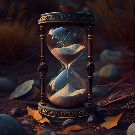 3D rendering of an hourglass in the autumn forest. Time conceptの素材