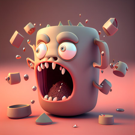Funny monster with a mug of coffee. 3D illustration.の素材