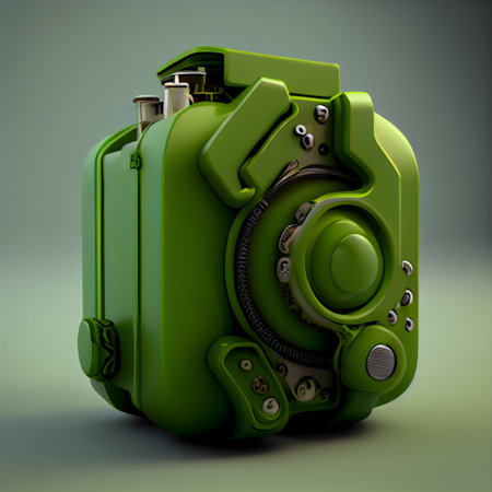 3D rendering of a green photographic camera on a gray background.の素材