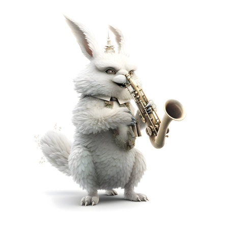 White rabbit with saxophone isolated on white background. 3d illustrationの素材