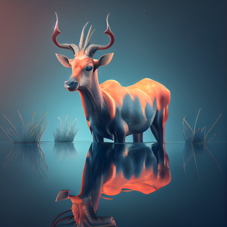 Deer in the grass reflected in the water. 3d renderの素材