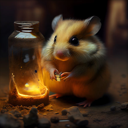 Hamster with a bottle of oil on a dark background. 3d renderingの素材