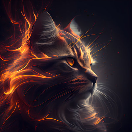 Illustration of a cat with fire flames on a black background.の素材
