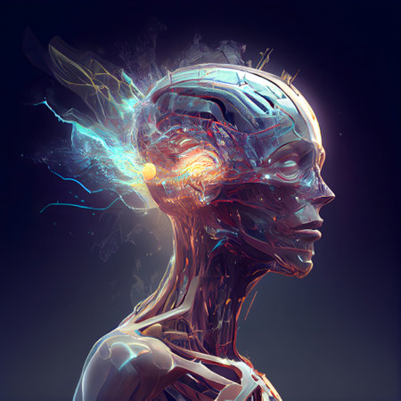 Human head with glowing brain; 3D illustration; 3D renderingの素材
