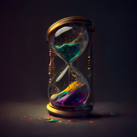 Hourglass with colorful sand on black background. Concept of time passingの素材
