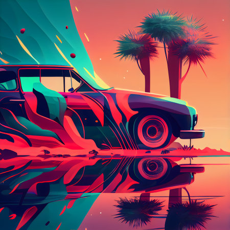 Retro car on the background of palm trees and sunset. illustrationの素材