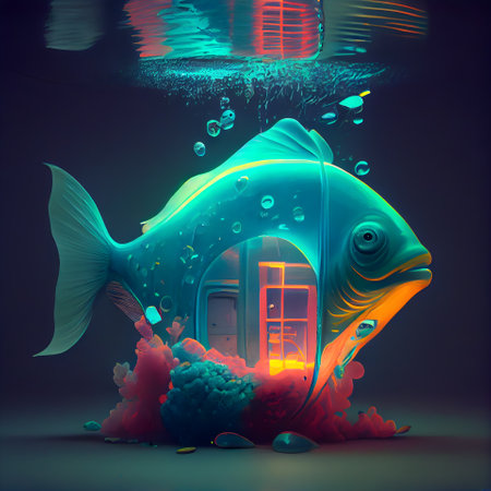 Fantasy fish with a house on a dark background. 3d renderingの素材