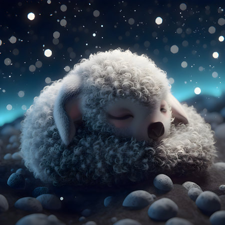 Sheep sleeping in the snow. 3D illustration. Christmas background.の素材