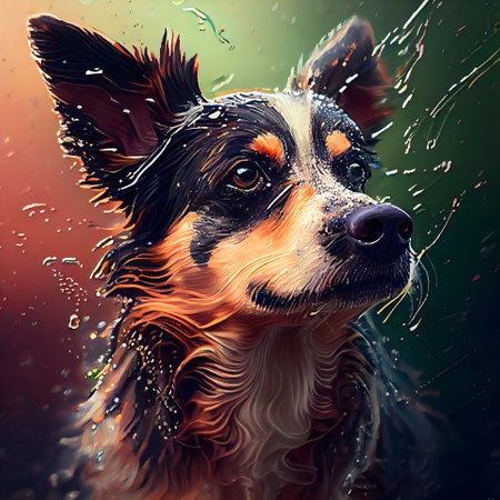 Portrait of a dog in the rain. Digital painting style.の素材