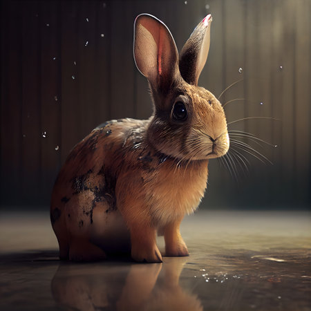 Rabbit on a dark background with drops of water. 3d renderingの素材