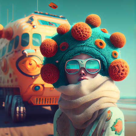 Portrait of cute little girl in a hat and scarf with an orange virus on her faceの素材