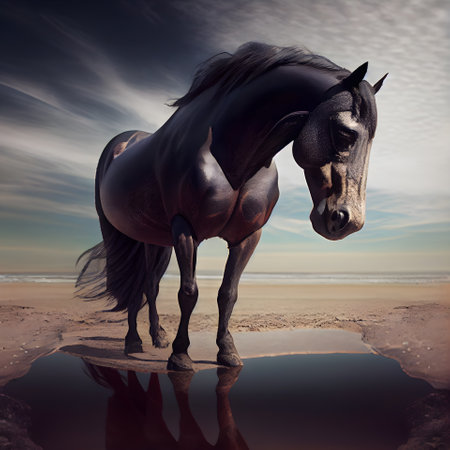 Horse on the beach at sunset. Conceptual art. 3D renderingの素材