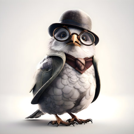 Funny owl in a hat and glasses on a white background.の素材