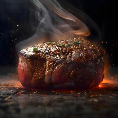 Grilled beef steak with spices and smoke on a black background.の素材
