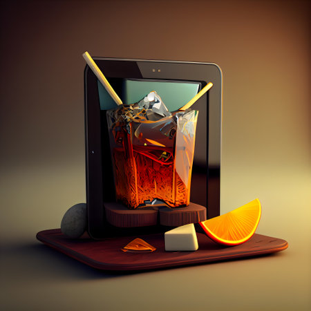 Digital composite of Tablet PC with food and coffee on table in kitchenの素材