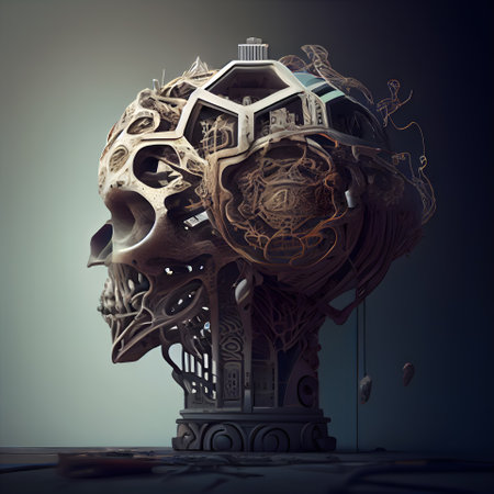 3d rendering of a human skull made of metal with different elementsの素材